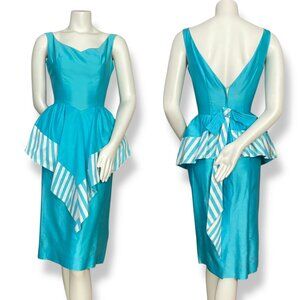 Vintage 1960s Lilli Ann Dress FLAWS Wounded Bird Peplum Skirt Blue White Stripes